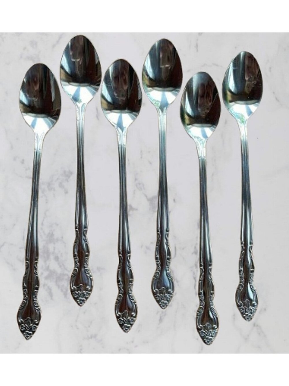 Set of 6 Vintage Fleurette Stainless Iced Tea Spoons 7-1/8" by TOT Korea